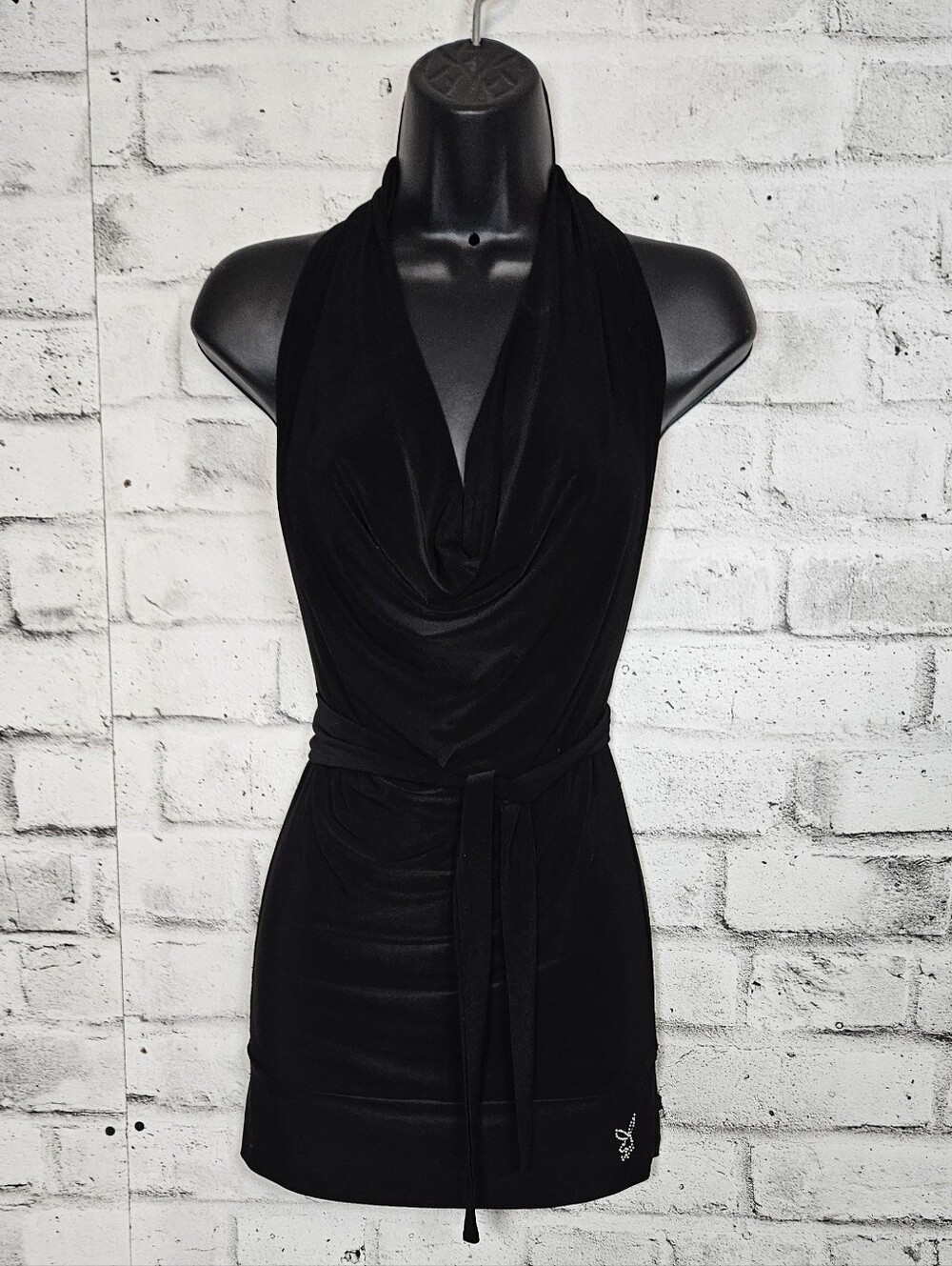 Black Halter Mini Dress Cowl Neck Tie Waist Rhinestone Bunny Accent